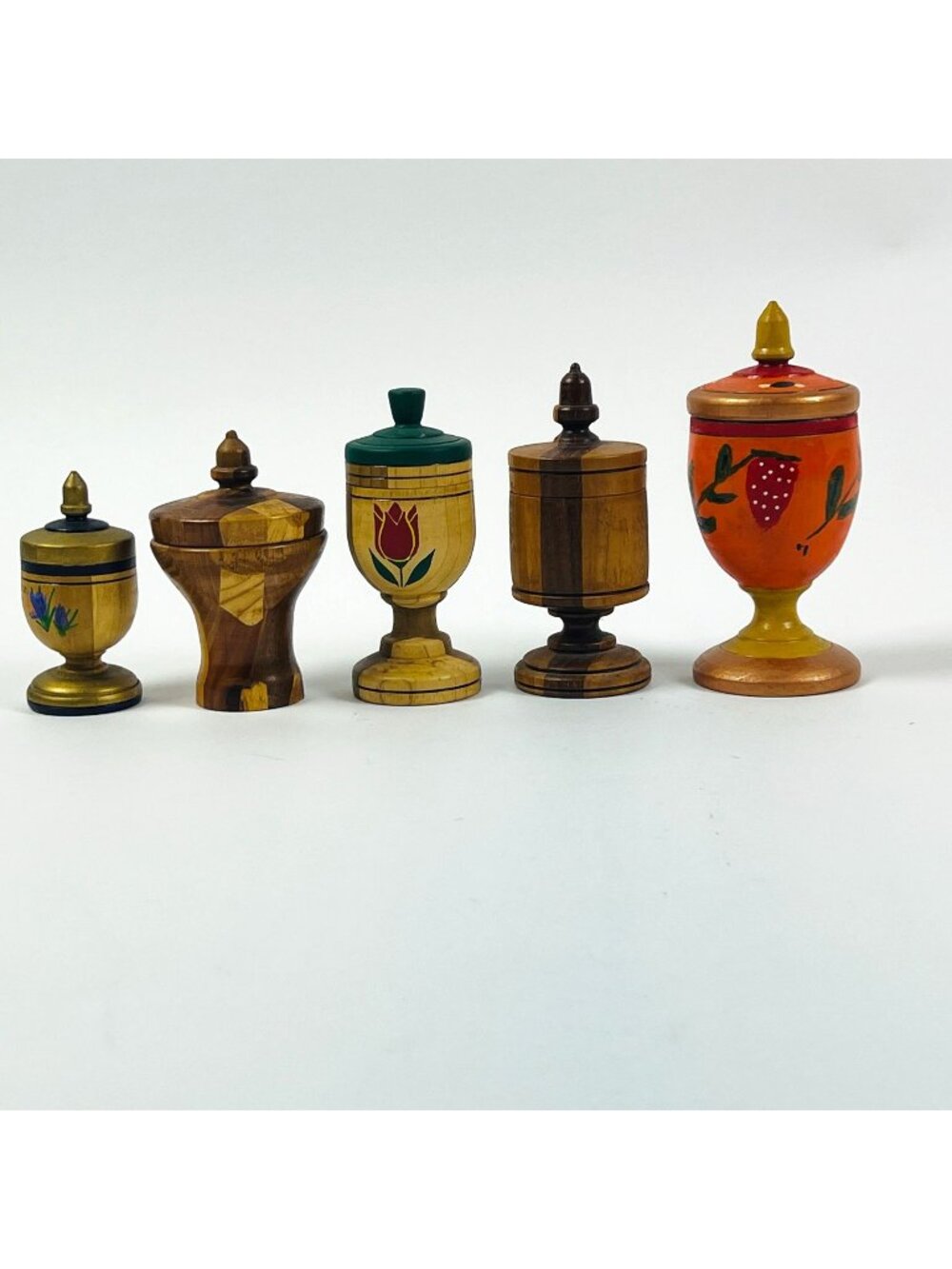 Vintage Handmade Wooden Lidded Urn Containers Set of 5 Hand Painted Floral Decor